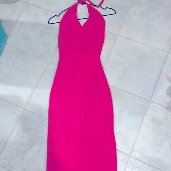 Dresses | Barbie Pink Szsm Halter Dress Vacation Bodycon Party Ribbed  Column Slim Fitted | Poshmark